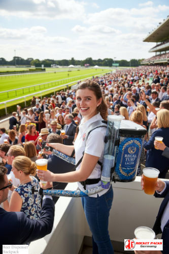 Beer backpack enabling mobile sampling at Orlando theme park event.