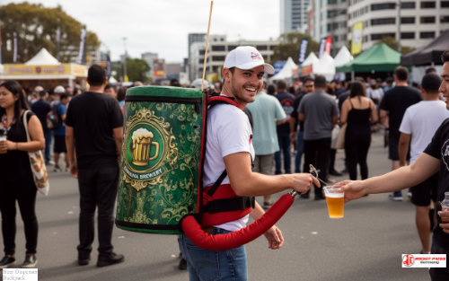 Portable beer backpack used at Charlotte outdoor food festival.